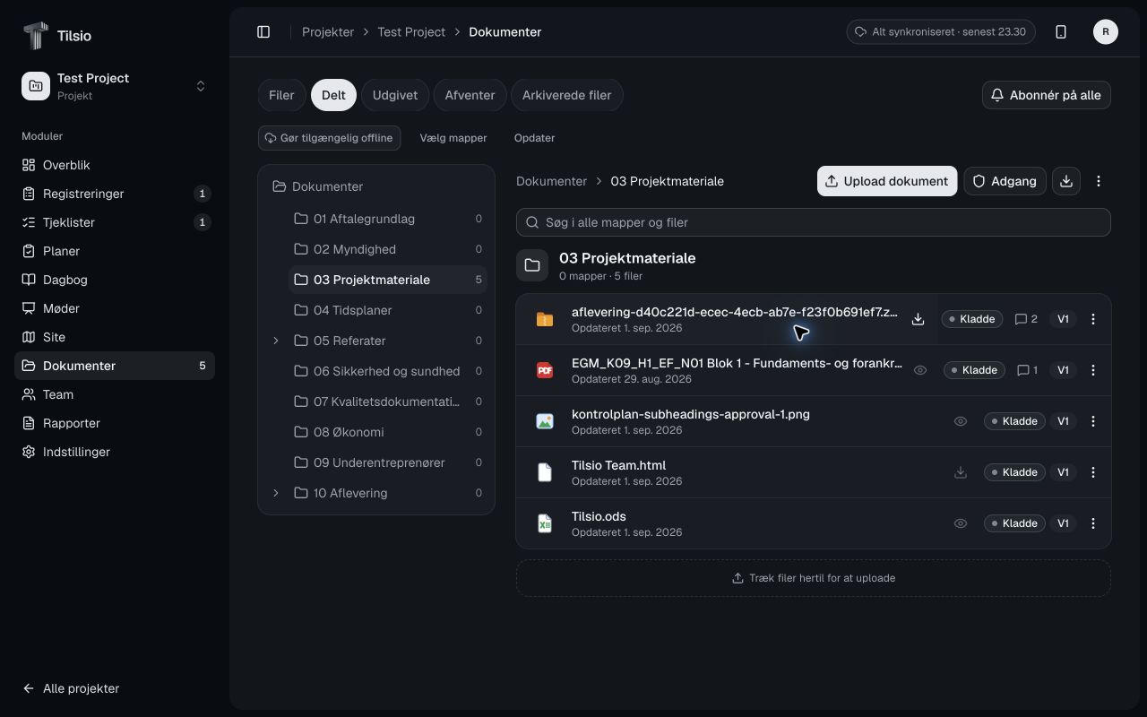 Projektets dokumentmapper, fra aftalegrundlag til aflevering