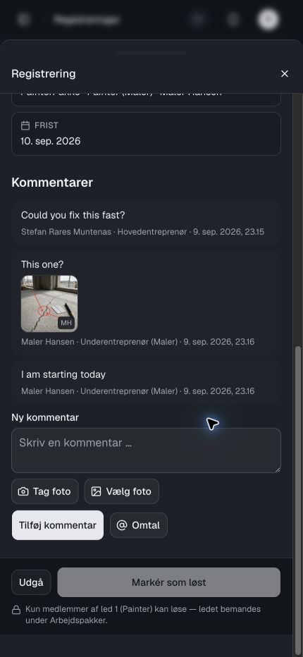 Samtalen om OPG9 på mobilen med kommentarer og foto fra pladsen