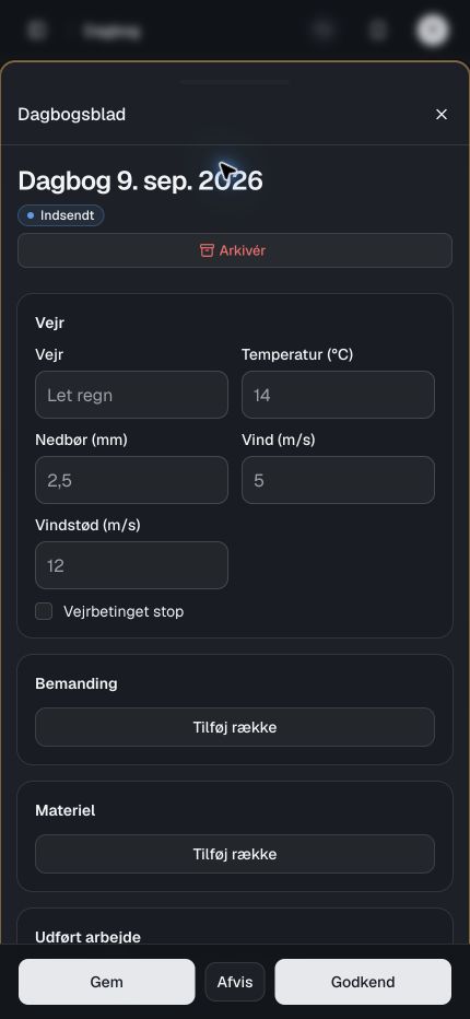 Dagbogsblad på mobilen med vejr, bemanding og udført arbejde