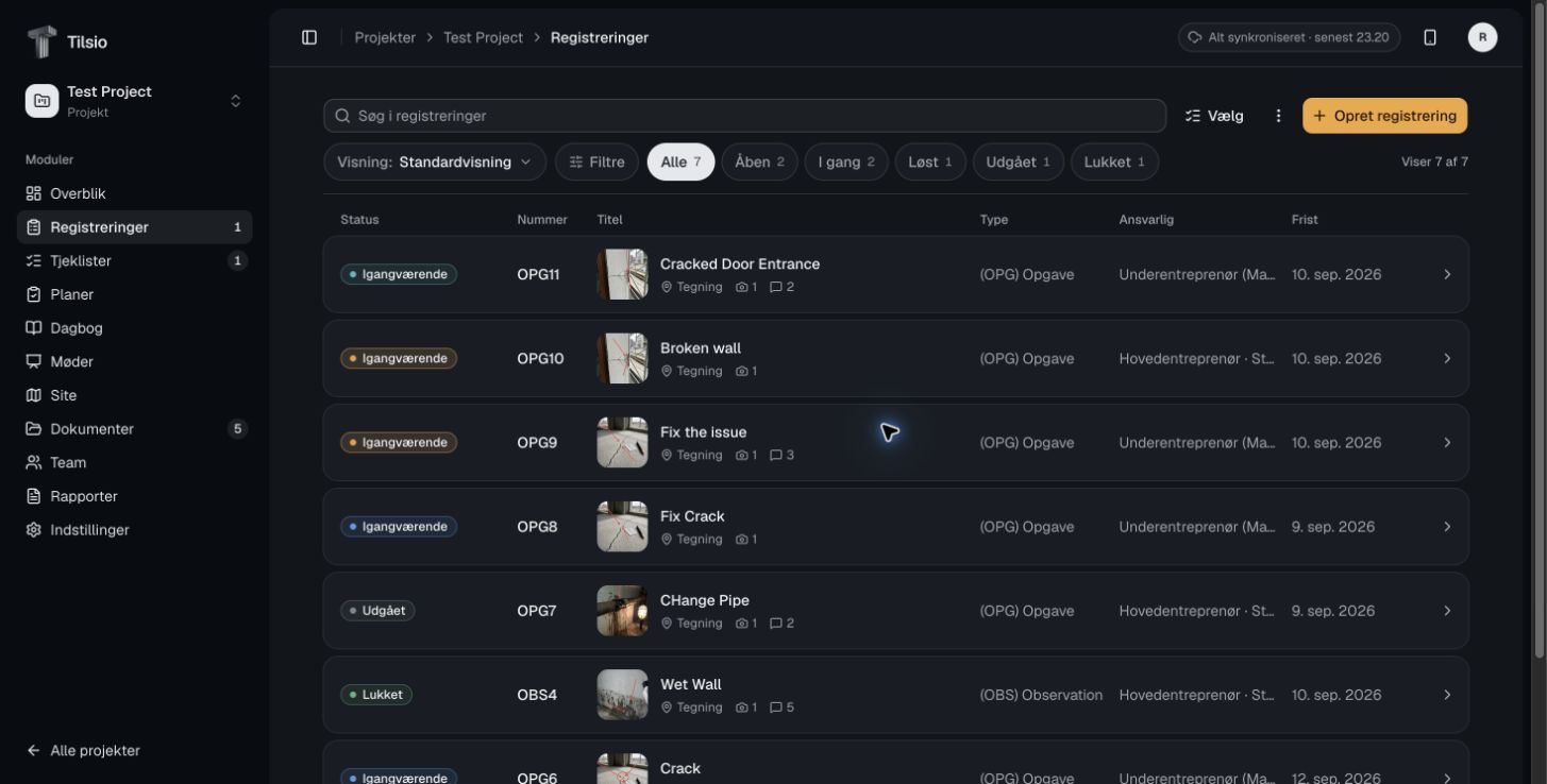 Test Projects registreringer med opgaver, status og frister